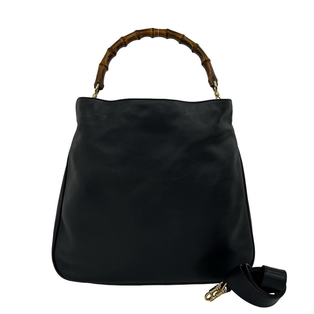 GUCCI Vintage Bamboo Leather 2-Way Handbag/Shoulder Bag, Black, Item No. 34979